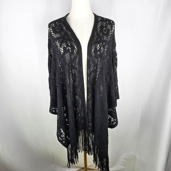 Black Butterfly Shawl Wrap Black Floral Lace Knit Fringe Boho OS - Picture 2 of 8